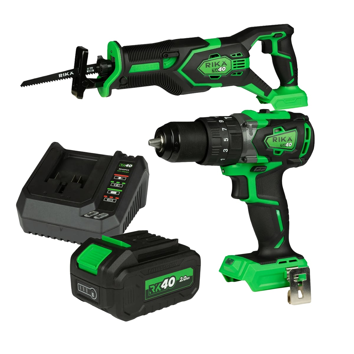 Rikä RK40 40V Fixing & Cutting Kit | 79Nm Drill + Recip Saw | Brushless | 2.0Ah Battery